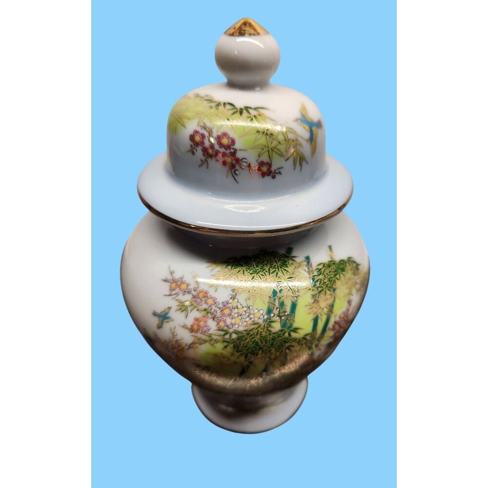Japanese Porcelain Jar & Lid Hand Painted Bamboo Cherry Blossoms & Blue Birds